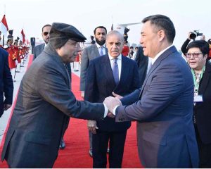 President Asif Ali Zardari and Prime Minister Muhammad Shehbaz Sharif receiving President of the Kyrgyz Republic, Sadyr Japarov, upon his arrival at Nur Khan Air Base