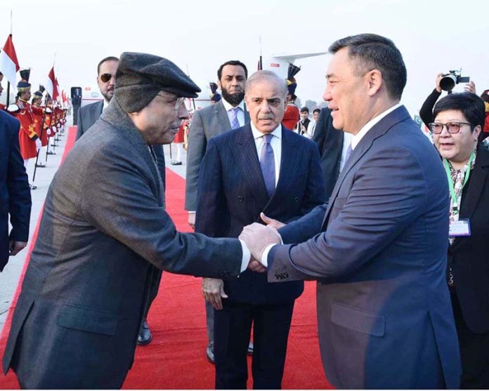 President Asif Ali Zardari and Prime Minister Muhammad Shehbaz Sharif receiving President of the Kyrgyz Republic, Sadyr Japarov, upon his arrival at Nur Khan Air Base