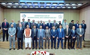 Prime Minister Muhammad Shehbaz Sharif and Federal Ministers in a group photo with Officers of NAB, on International anti-Corruption Day Seminar.