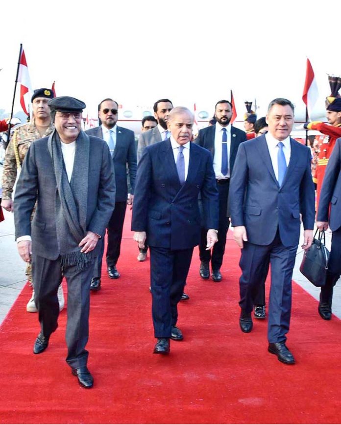 President Asif Ali Zardari and Prime Minister Muhammad Shehbaz Sharif receiving President of the Kyrgyz Republic, Sadyr Japarov, upon his arrival at Nur Khan Air Base