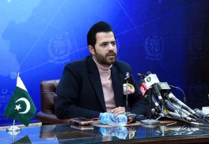 Parliamentary Secretary for Information and Broadcasting Barrister Danyal Chaudhry addresses a press conference, highlighting the government's economic and security achievements.