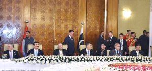 President Asif Ali Zardari and Prime Minister Muhammad Shehbaz Sharif at a banquet hosted in honour of the President of the Kyrgyz Republic, Sadyr Zhaparov, at Aiwan-e-Sadr.