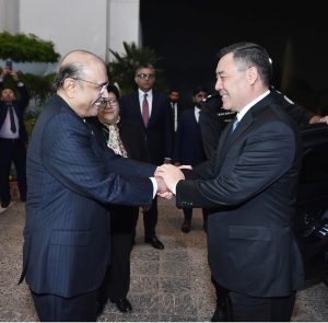 President Asif Ali Zardari receiving the President of the Kyrgyz Republic, Sadyr Zhaparov, at Aiwan-e-Sadr.