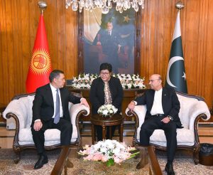President Asif Ali Zardari holding a one-on-one meeting with the President of the Kyrgyz Republic, Sadyr Zhaparov, at Aiwan-e-Sadr.