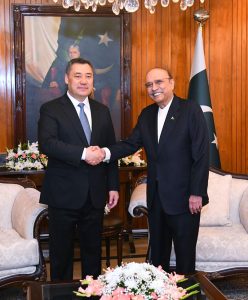 President Asif Ali Zardari shaking hands with Sadyr Zhaparov, President of the Kyrgyz Republic, at Aiwan-e-Sadr.