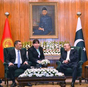 President Asif Ali Zardari in a meeting with the President of the Kyrgyz Republic, Sadyr Zhaparov, at Aiwan-e-Sadr.