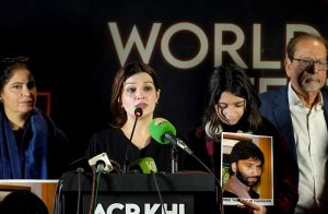 Hurriyat leader Yasin Malik's wife Mushaal Hussein Mullick speaks during her visit to the Arts Council of Pakistan Karachi. She was accompanied by Arts Council President Muhammad Ahmed Shah and Chairperson of the Women Empowerment Committee Chand Gul Shah.