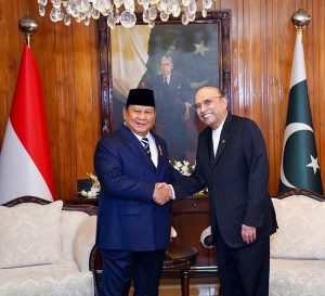 President Asif Ali Zardari shaking hands with Indonesian President, Prabowo Subianto at Aiwan-e-Sadr.