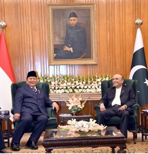 President Asif Ali Zardari in a one-on-one meeting with Indonesian President Prabowo Subianto, at Aiwan-e-Sadr.