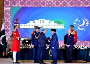 President Asif Ali Zardari confers the Nishan-e-Pakistan on Indonesian President, Prabowo Subianto Djojohadikusumo during a special investiture ceremony at Aiwan-e-Sadr.