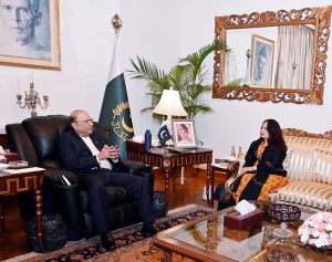 President Asif Ali Zardari in a meeting with Pakistan’s Ambassador to Djibouti, Ms Aqsa Nawaz at Aiwan-e-Sadr.