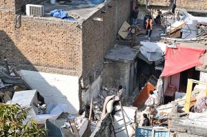 A view of damages on the spot after a powerful gas cylinder explosion at a wedding function in G-7/2 Sector, Federal Capital resulted eight people killed including the bride and groom and 12 other injured in this incident.