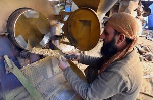 A worker busy in roasting the peanuts for customers at his workplace.