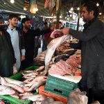 A vendor displaying fish to attract the customers at Weekly Bazaar in the Federal Capital