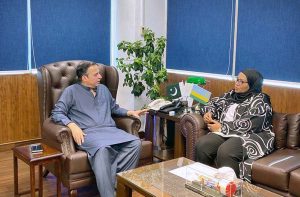Federal Minister for Maritime Affairs Muhammad Junaid Anwar Chaudhry talking to Rwandan High Commissioner Harerimana Fatou who called on him.