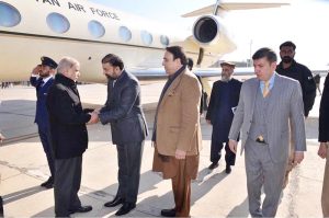 Chief Minister Balochistan Mir Sarfaraz Ahmad Bugti welcomes Prime Minister Muhammad Shehbaz Sharif at Quetta Airport