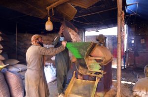 A worker busy in roasting the peanuts for customers at his workplace.