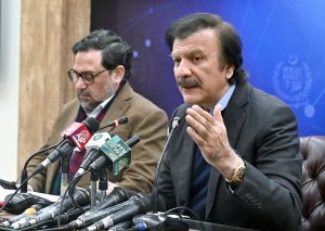 Special Assistant to the Prime Minister (SAPM) Haroon Akhtar Khan addressing a press conference at PID Media Center.