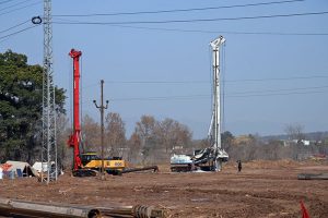 Heavy-duty piling rigs stand idle at an under-construction site as foundation work continues for a major development project at the Chak Shahzad area in the Federal Capital