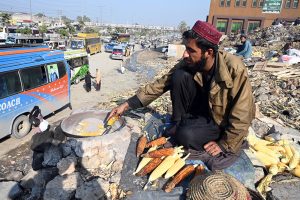 A vendor busy in roasting corn cobs at his roadside setup at Pirwadhai area