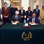 President Asif Ali Zardari; Mr Ali Yousuf, Minister of Interior of Somalia; Mr Mohsin Raza Naqvi, Federal Minister for Interior and Narcotics Control and Mr Talal Chaudhry, Minister of State for Interior and Narcotics Control, witness the signing of the agreement abolishing visa requirements for diplomatic passport holders at Aiwan-e-Sadr