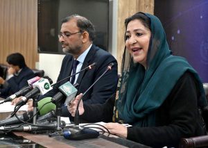 Minister of State for Federal Education and Professional Training, Ms. Wajiha Qamar addressing a press conference at PID Media Center.