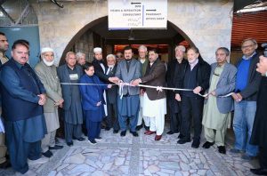 Former Governor KP, Senator Haji Ghulam Ali, and Mayor Peshawar Haji Zubair Ali, along with other officials, inaugurate the Warsak Branch of Khyber Eye Foundation Hospital.