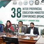 Federal Minister for Federal Education and Professional Training, Dr. Khalid Maqbool Siddiqui addressing to media after the 38th Inter Provincial Education Ministers' Conference (IPEMC) at AIOU