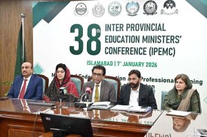 Federal Minister for Federal Education and Professional Training, Dr. Khalid Maqbool Siddiqui addressing to media after the 38th Inter Provincial Education Ministers' Conference (IPEMC) at AIOU