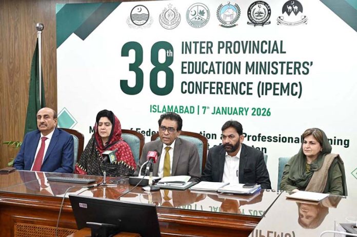 Federal Minister for Federal Education and Professional Training, Dr. Khalid Maqbool Siddiqui addressing to media after the 38th Inter Provincial Education Ministers' Conference (IPEMC) at AIOU