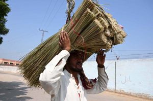 A street vendor walks through a city road carrying brooms balanced on his head, earning his livelihood through traditional street trade.