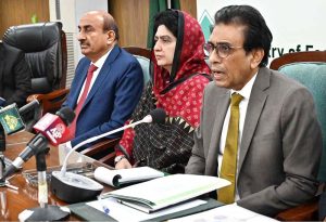 Federal Minister for Federal Education and Professional Training, Dr. Khalid Maqbool Siddiqui addressing to media after the 38th Inter Provincial Education Ministers' Conference (IPEMC) at AIOU