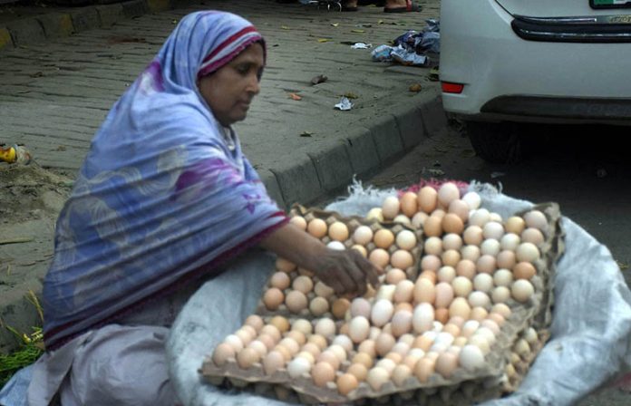 A female vendor displays eggs at her roadside setup, drawing customers with her welcoming demeanor