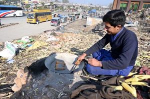 A vendor busy roasting corn cobs for customer at his setup in Pirwadhai