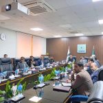 Federal Minister for Maritime Affairs Muhammad Junaid Anwar Chaudhry chairing a meeting during his visit to SUPARCO Headquarters.