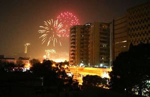 An attractive view of fireworks at the Governor House on the occasion of New Year celebrations on late Wednesday night.