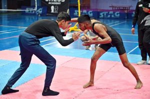 Wrestlers participate in trials of Pakistan National Wrestling Championship, a premier talent hunt program organized by Divisional Wrestling Association at Shahbaz Sharif Sports Complex