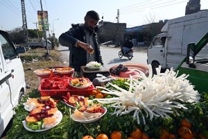 A vendor displaying salad to attract customers along roadside in the Federal Capital