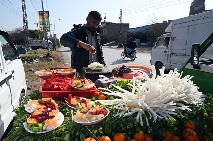 A vendor displaying salad to attract customers along roadside in the Federal Capital