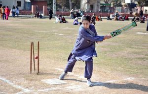Women players in action during a table tennis match at the Annual Sports Festival of Government College Women University Faisalabad.