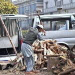 A labourer is busy cutting wood into pieces at his workplace at the Pirwadhi Fruit and Vegetable Market in the Federal Capital