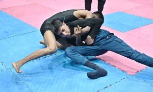 Wrestlers participate in trials of Pakistan National Wrestling Championship, a premier talent hunt program organized by Divisional Wrestling Association at Shahbaz Sharif Sports Complex