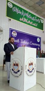 Federal Minister for National Heritage and Culture Division Aurangzeb Khan Khichi addressing the Oath Taking Ceremony of Students Council at Govt. Graduate College Asghar Mall.