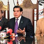 Former Prime Minister and Member of the National Assembly Raja Pervez Ashraf talks to the media at the Press Club