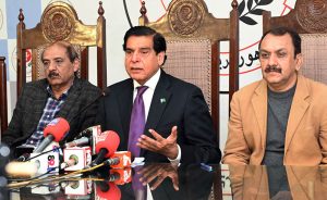 Former Prime Minister and Member of the National Assembly Raja Pervez Ashraf talks to the media at the Press Club