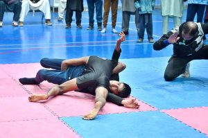 Wrestlers participate in trials of Pakistan National Wrestling Championship, a premier talent hunt program organized by Divisional Wrestling Association at Shahbaz Sharif Sports Complex