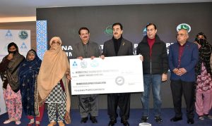 Chairman Senate Syed Yousaf Raza Gillani inaugurates PPAF-SUPP community infrastructure scheme in Punjab by pressing the ceremonial button at a local hall.