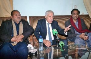 Federal Minister for Investment Board Qaiser Ahmad Sheikh addresses media at Moza Jhanb on Lahore Road in Chiniot.