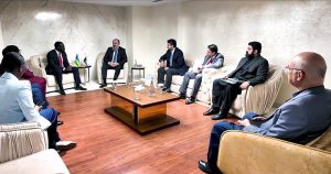 Federal Minister for Commerce Jam Kamal Khan holds a sideline meeting with Rwanda's Minister of Trade and Industry Prudence Sebahizi on the margins of the Rwanda Coffee Festival in Islamabad to discuss expanding bilateral trade, establishing direct supply chains and enhancing business-to-business cooperation, as Coordinator to the Prime Minister for Commerce Rana Ihsaan Afzal Khan is also present.