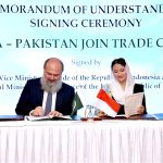 Federal Minister for Commerce Jam Kamal Khan and Indonesian Vice Minister of Trade Ms. Dyah Roro Esty Widya Putri sign the Memorandum of Understanding (MoU) for the establishment of the Joint Trade Committee (JTC) to strengthen bilateral trade and economic cooperation between Pakistan and Indonesia